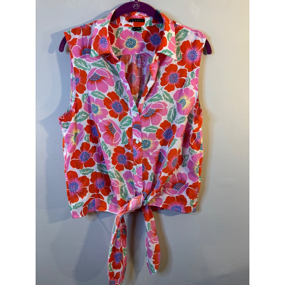 THEORY‎ Pink & Red Floral Sleeveless Blouse L Tie Front